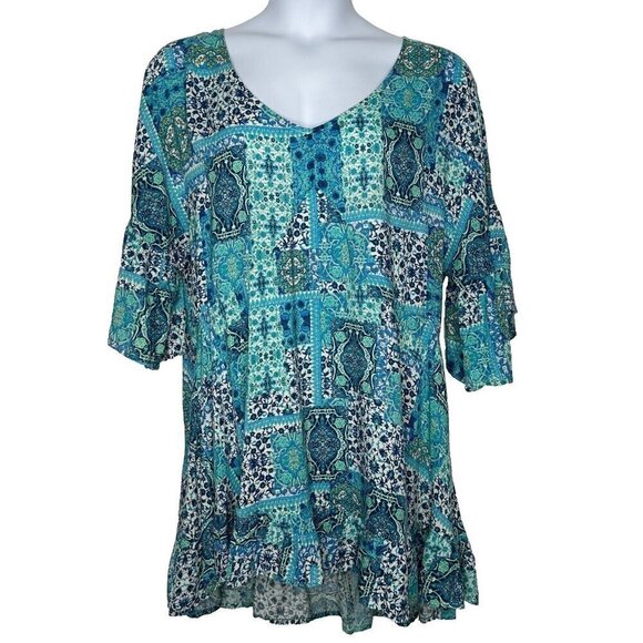 Avenue Tunic Top Patchwork Print Aqua Floral size 18 - Picture 2 of 10